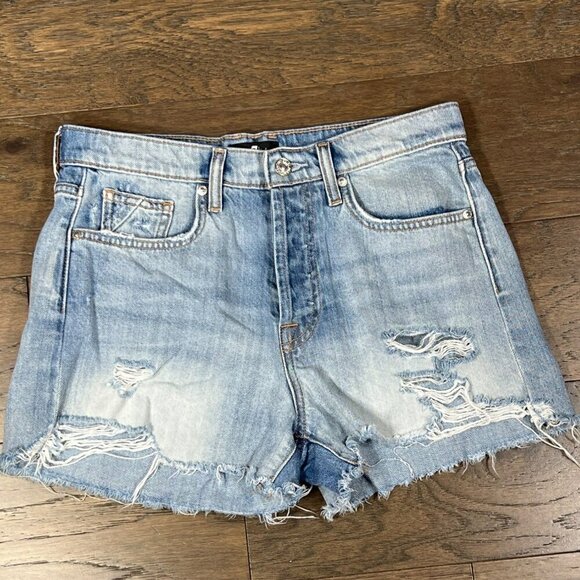 7 FOR ALL MANKIND Monroe Cut Off Jean Shorts Cosmic Blue Sz 27 7U704451 EUC - Picture 1 of 8